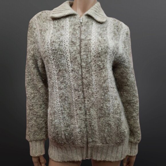 Vintage 70s Chunky Wool Cardigan Womens size M Full Zip Beige Sweater Pockets - Picture 1 of 12